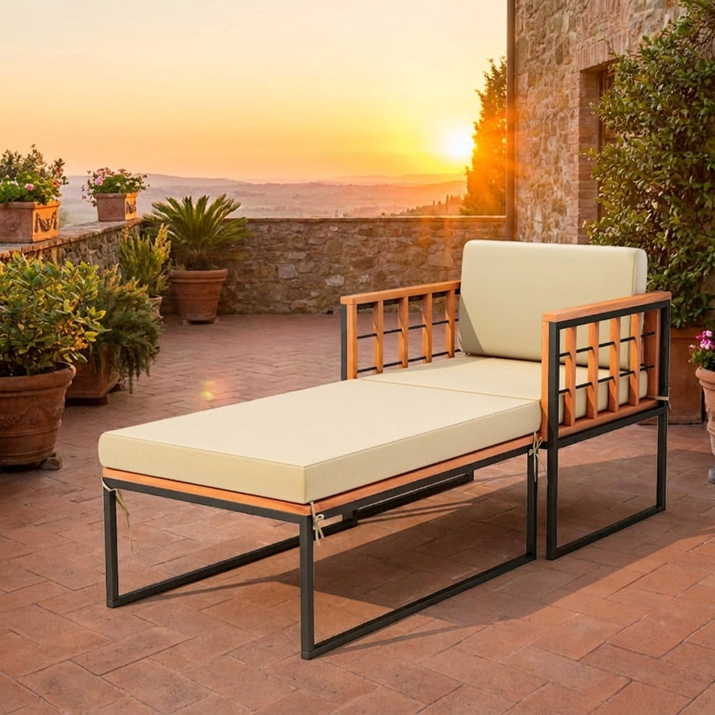 Biotree Patio Acacia Wood Armchair with Long Ottoman and Seat Back Cushions Stackable Patio Chair for Garden BackyardBrown