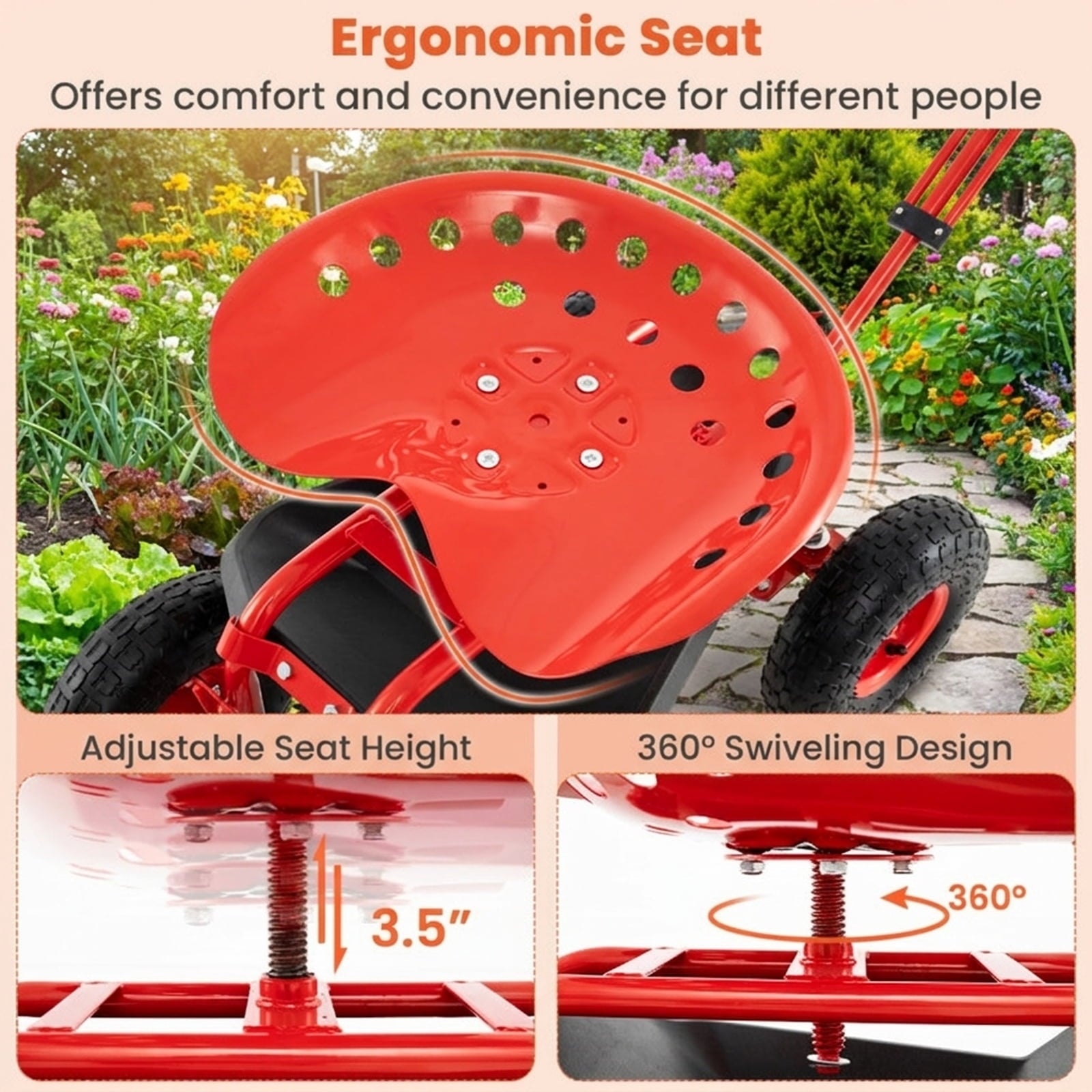 Biotree Heavy Duty Garden Cart with Tool Tray and 360 Swivel Seat for Garden Yard Lawn Work Outdoor, Red