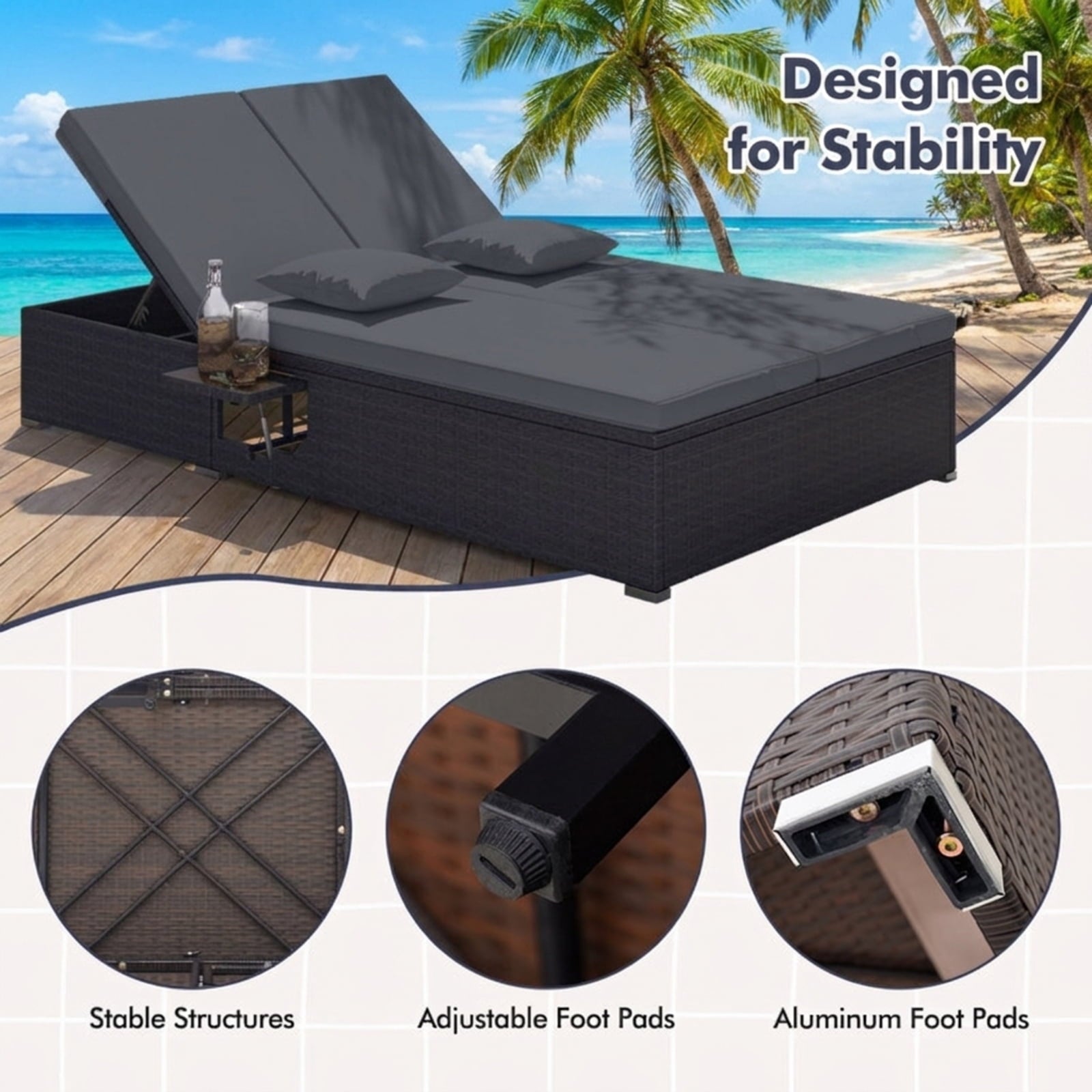 Biotree Patio Double Chaise Lounge with Cushions and Folding Side Trays Stackable Patio Chair for Garden BackyardGray