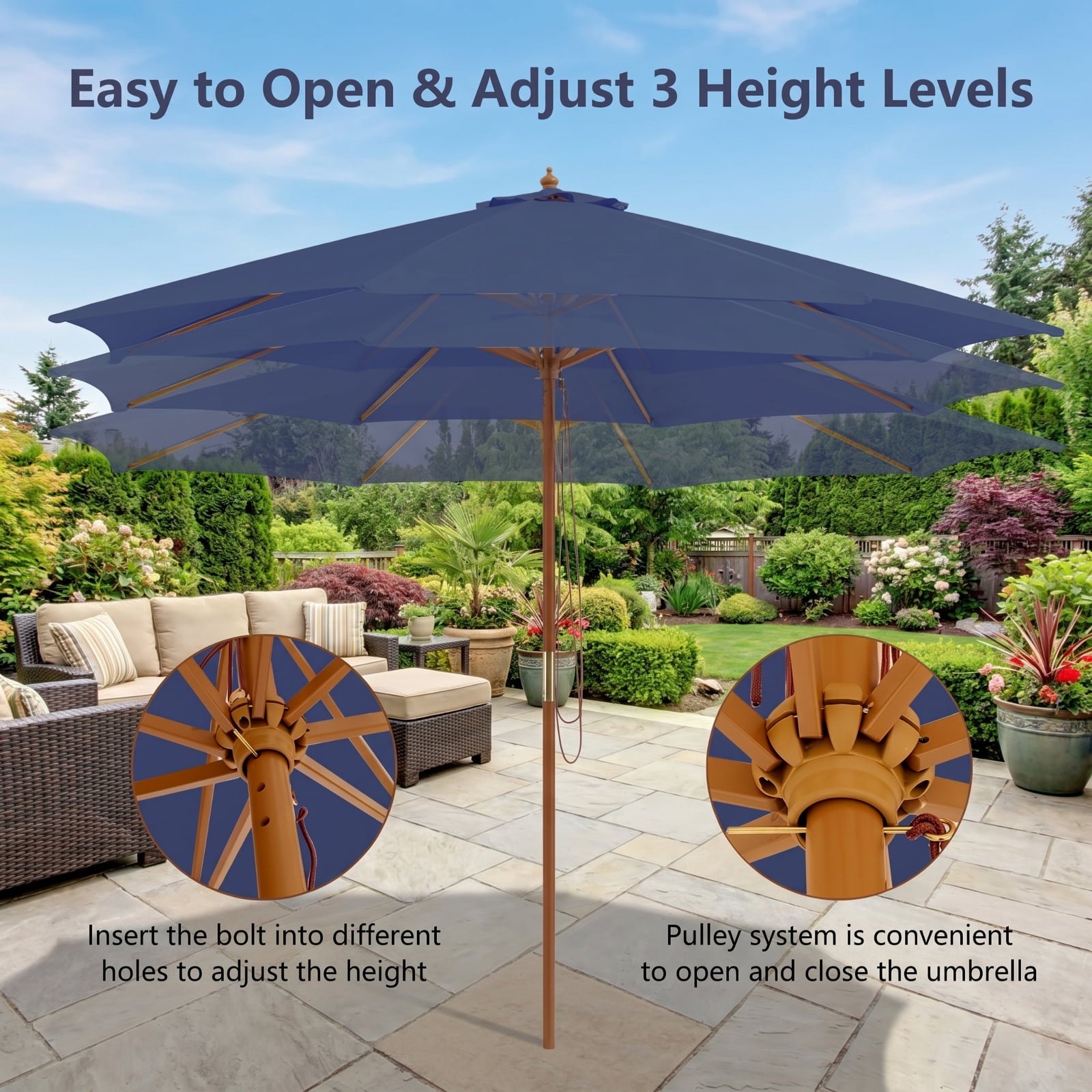 Biotree 10 ft Offset Cantilever Patio Umbrella 8 Wooden Ribs Outdoor Shade - Beige - UV Protection with Cross Base