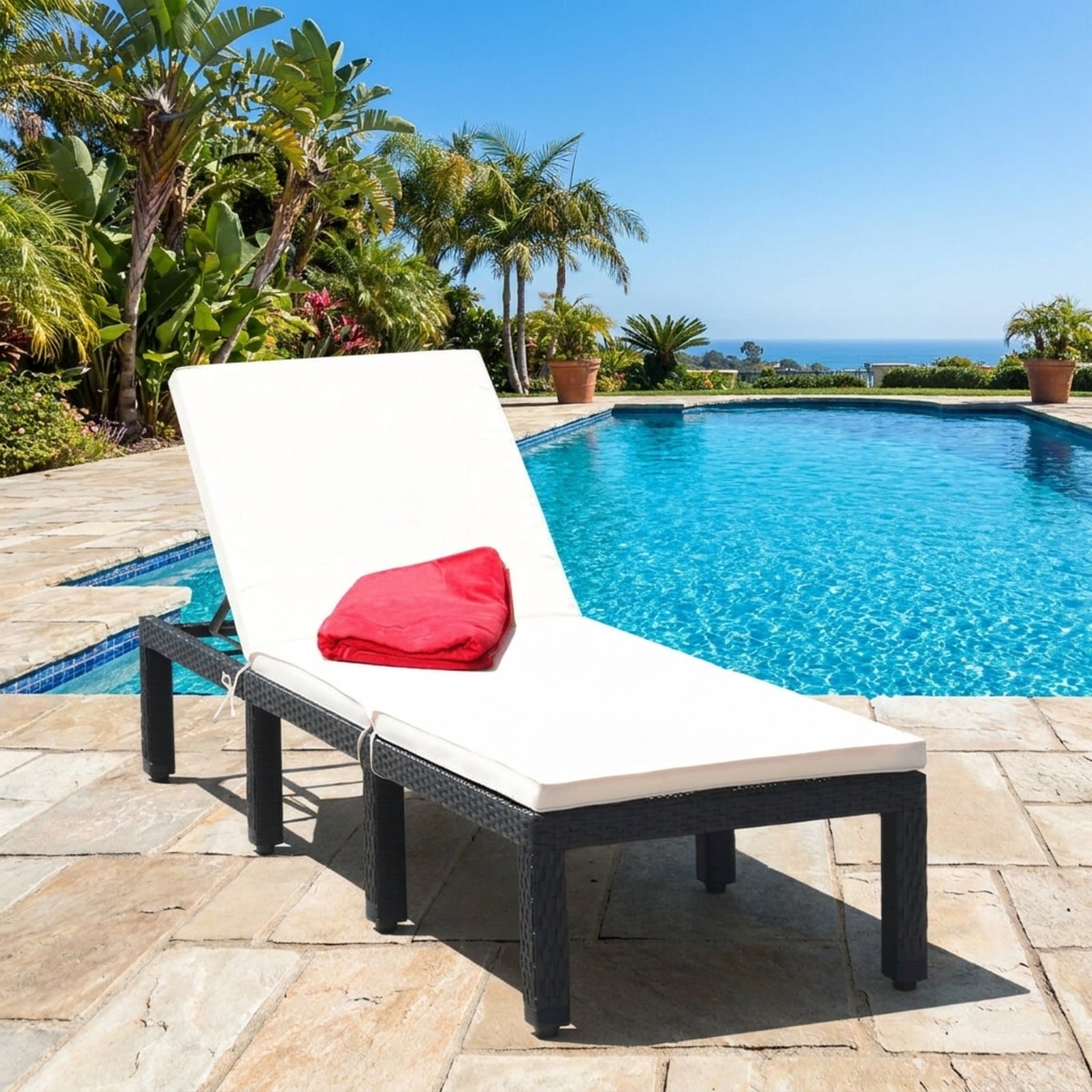 Biotree Patio Rattan Lounge Chair Chaise Couch Cushioned Height Adjustable Stackable Patio Chair for Garden BackyardWhite