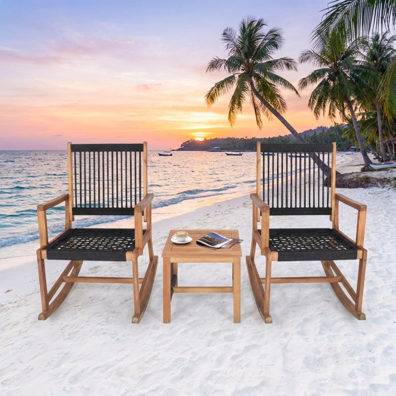 Biotree 3 Pieces Acacia Wood Rocking Bistro Set Outdoor Conversation Set for Garden Backyard PorchBlack and Natural