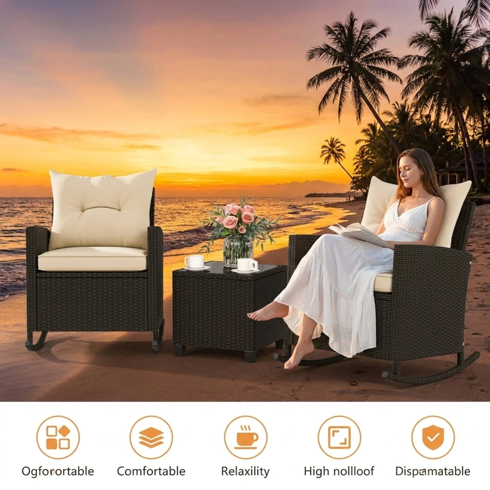 Biotree 3-Piece Patio Rattan Roker Chairs with Tempered Glass Table and Soft Cushions Outdoor Conversation Set for Garden Backyard PorchBeige