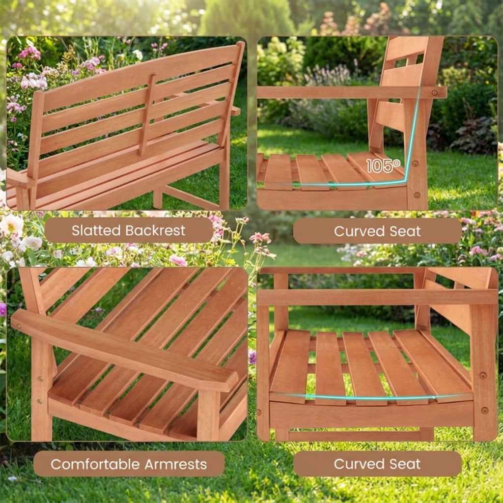 Biotree 2-Person Wooden Garden Bench with Slatted Backrest and Comfortable Armrests Stackable Patio Chair for Garden BackyardNatural