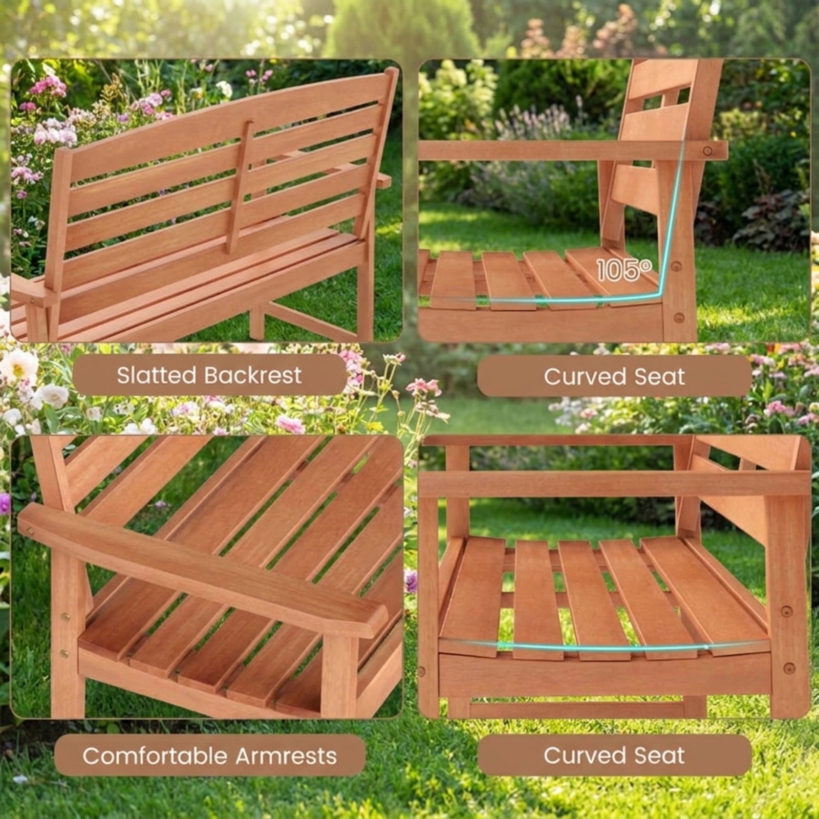 Biotree 2-Person Wooden Garden Bench with Slatted Backrest and Comfortable Armrests Stackable Patio Chair for Garden BackyardNatural