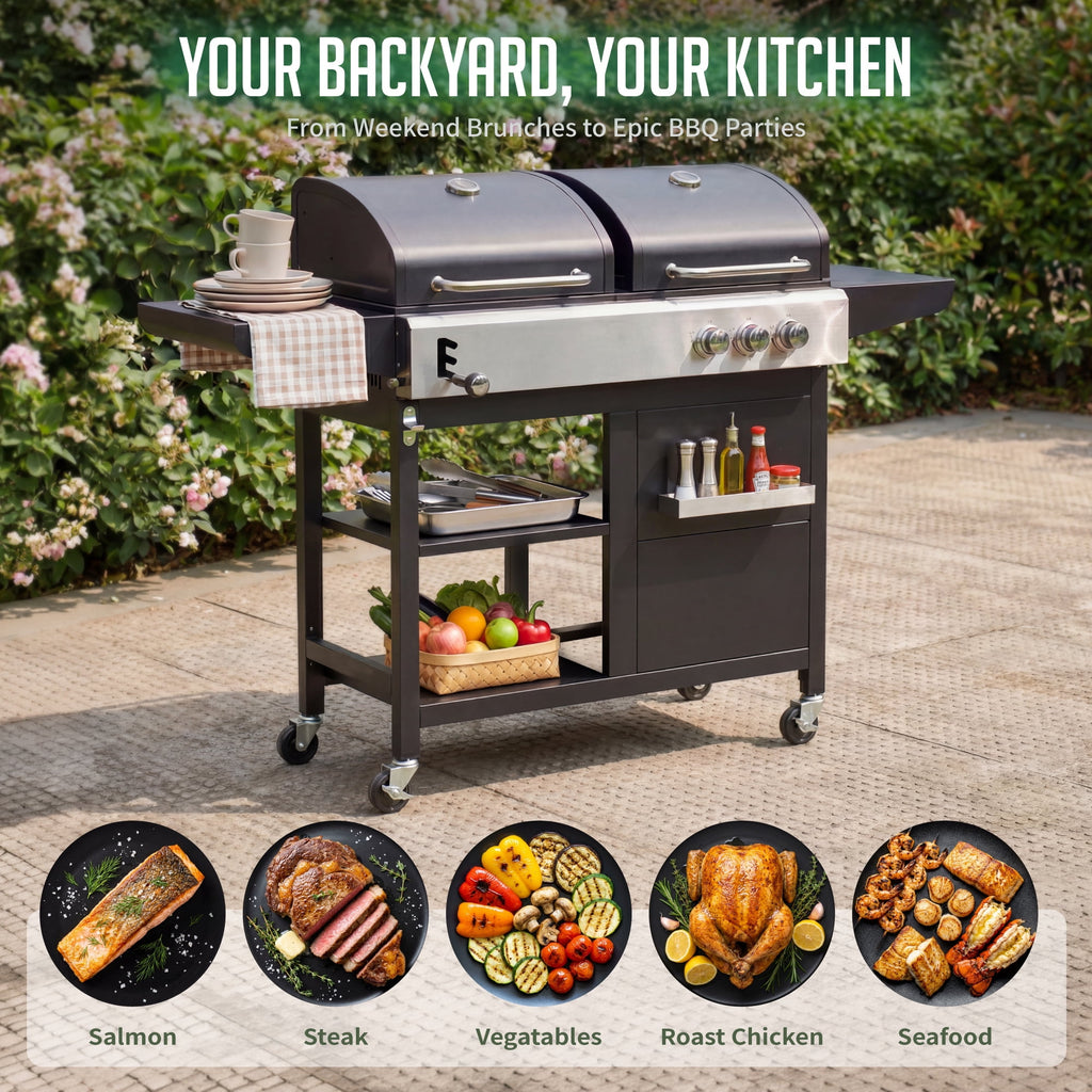 Biotree 3-Burner Gas and Charcoal Grill Combo, Dual Fuel 54,000 BTU BBQ Propane Grill with Side Burner for Backyard BBQ, Outdoor Cooking & Camping