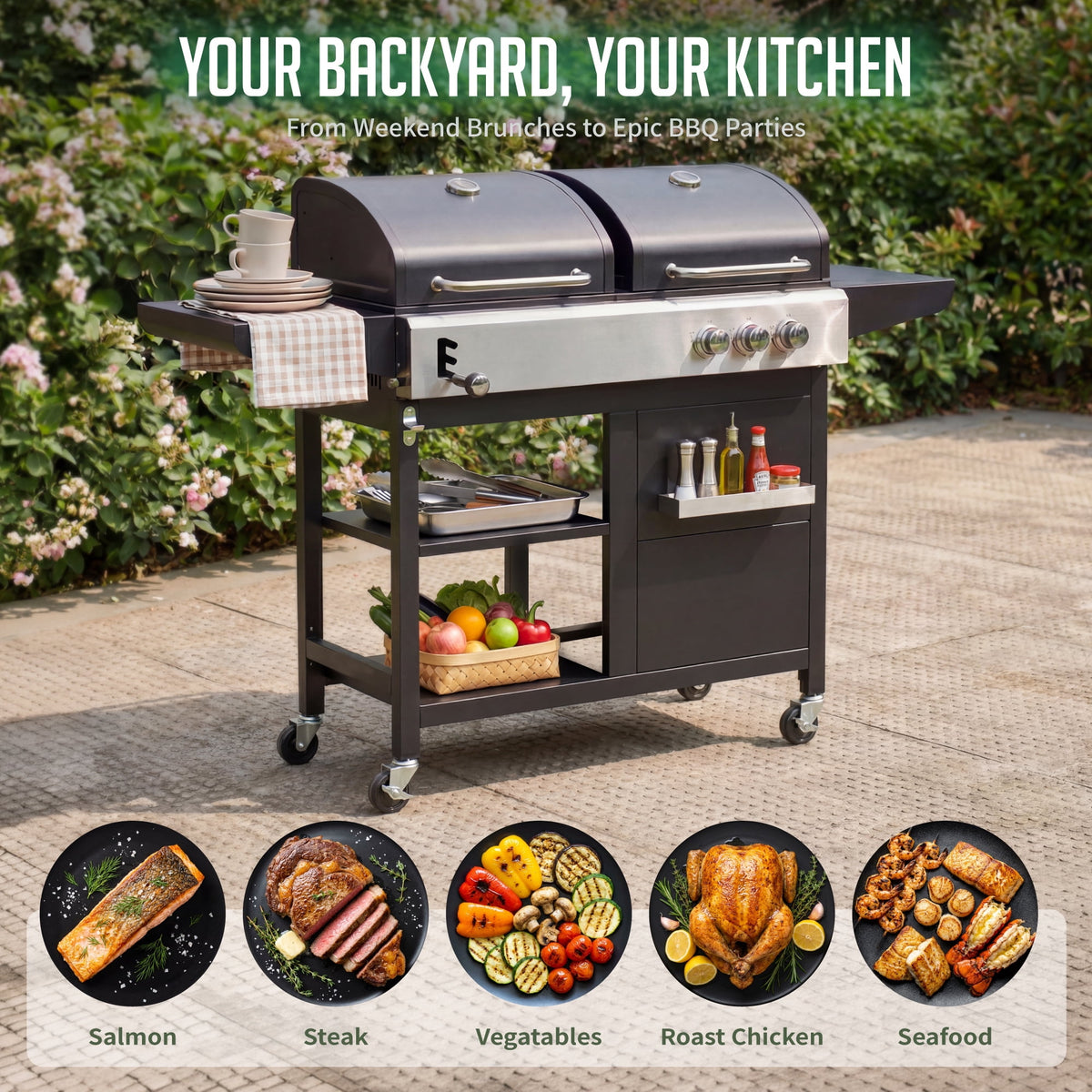 Biotree 3-Burner Gas and Charcoal Grill Combo, Dual Fuel 54,000 BTU BBQ Propane Grill with Side Burner for Backyard BBQ, Outdoor Cooking & Camping