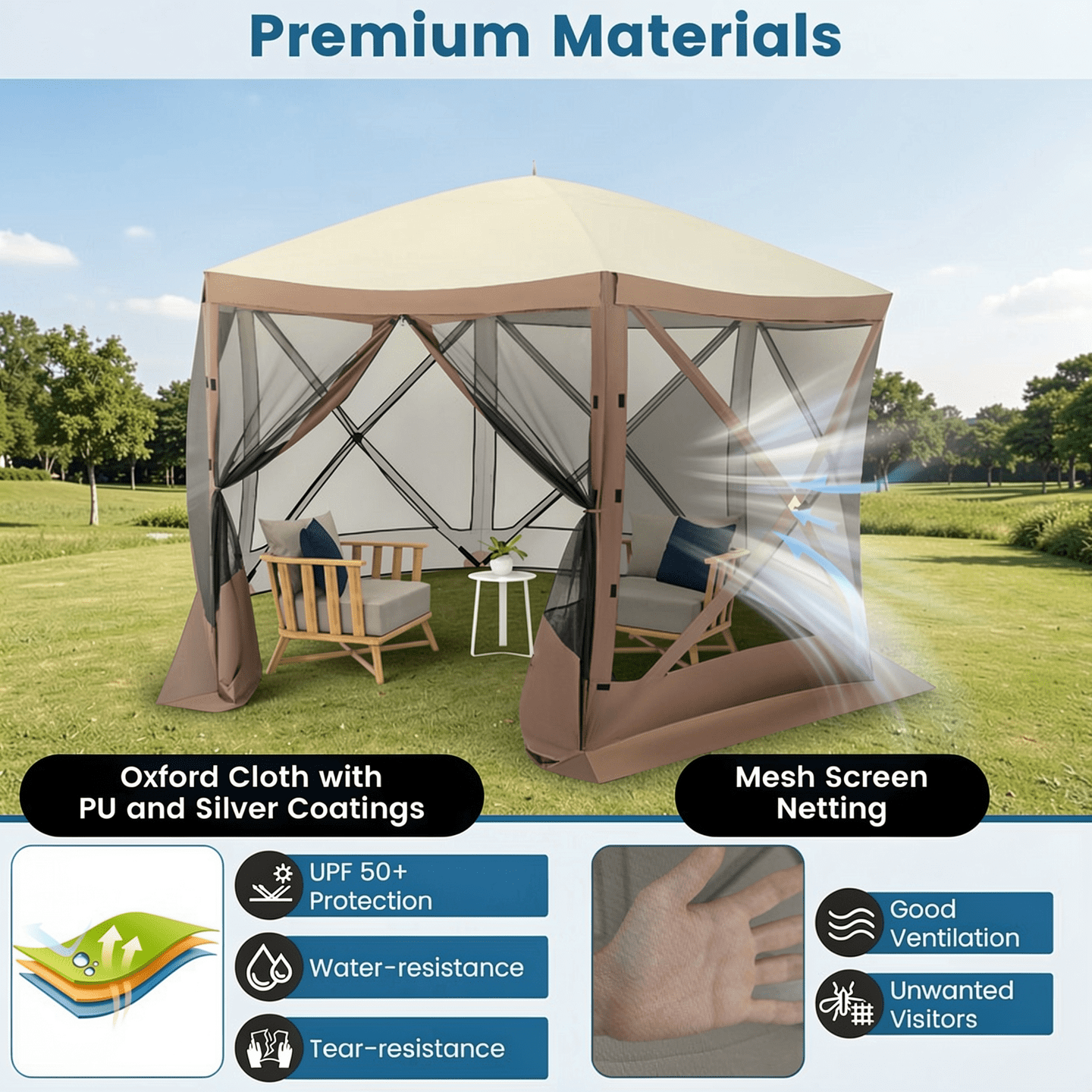 Biotree Pop-up Gazebo 6-sided Instant Setup Screen House Hub Tent with Mesh Netting Walls Brown - Outdoor Patio Backyard Garden Shade Canopy Shelter