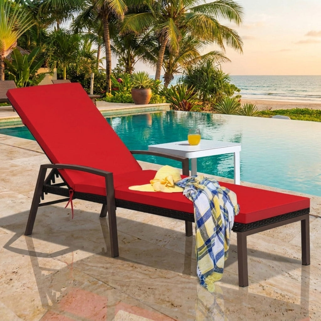 Biotree Patio Rattan Lounge Chaise Recliner with Back Adjustable Cushioned Stackable Patio Chair for Garden BackyardRed