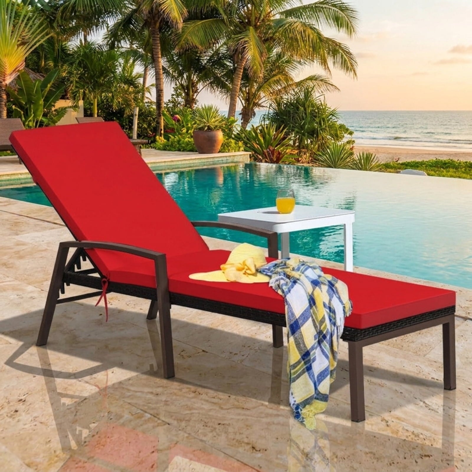 Biotree Patio Rattan Lounge Chaise Recliner with Back Adjustable Cushioned Stackable Patio Chair for Garden BackyardRed