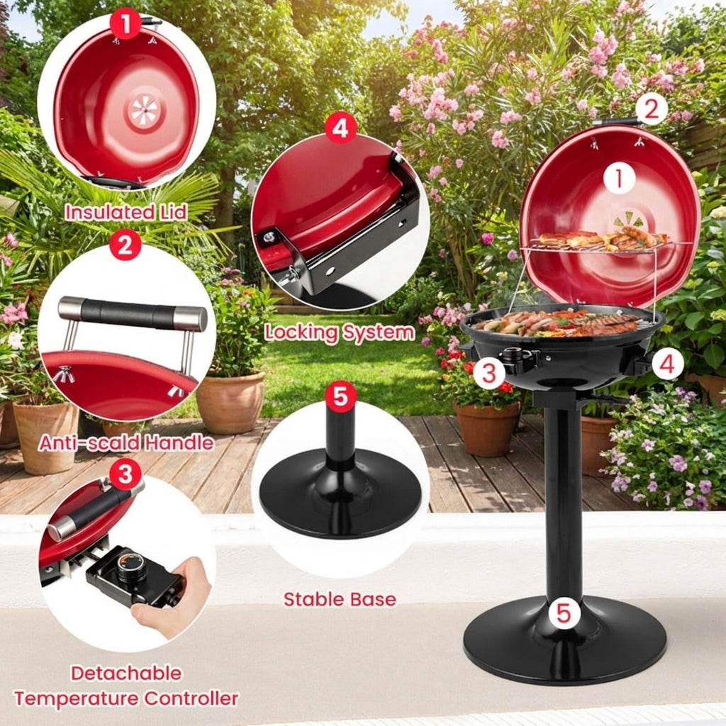 Biotree 1600W Electric BBQ Grill with Removable Non-Stick Warming Rack and Adjustable Temperature Control - Red