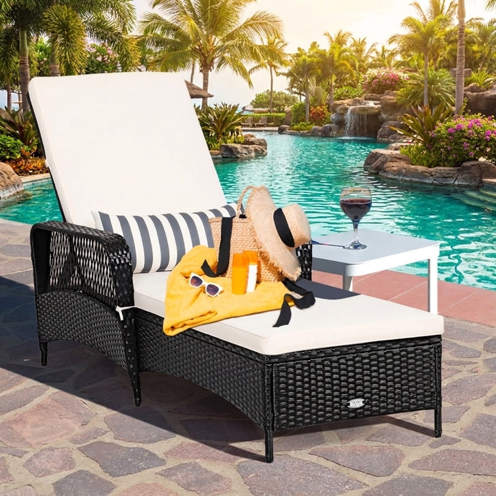 Biotree PE Rattan Chaise Lounge Chair Arm Chair Recliner Adjustable with Pillow Stackable Patio Chair for Garden BackyardBrown/Black