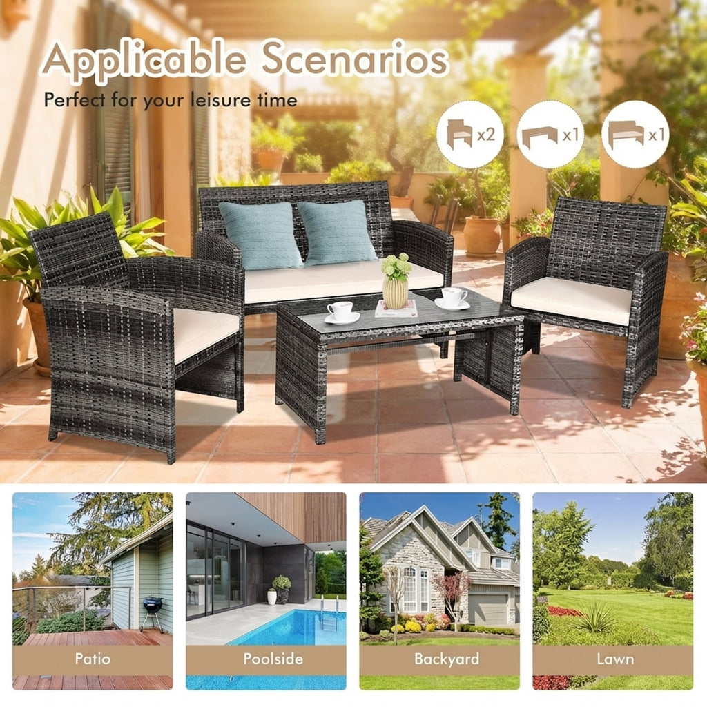 Biotree 4-Piece Patio Rattan Sofa Set with Glass Table-White