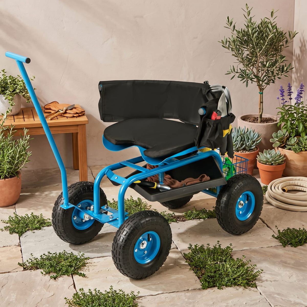 Biotree 330Lbs Rolling Garden Cart with 360¡ã Height Adjustable Swivel Seat, Garden Scooter with Storage Basket, Tool Tray for Weeding Planting Gardening Blue