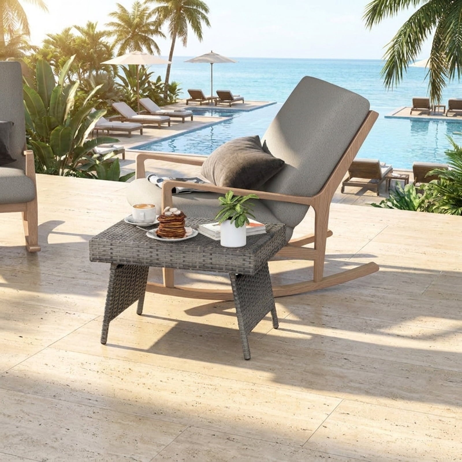Biotree Folding PE Rattan Side Coffee Table Patio Garden Furniture, Gray