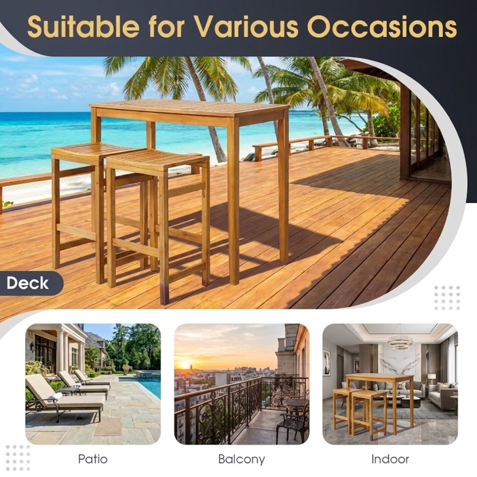 Biotree Rectangular Indoor and Outdoor Bar Height Table for Garden, Teak