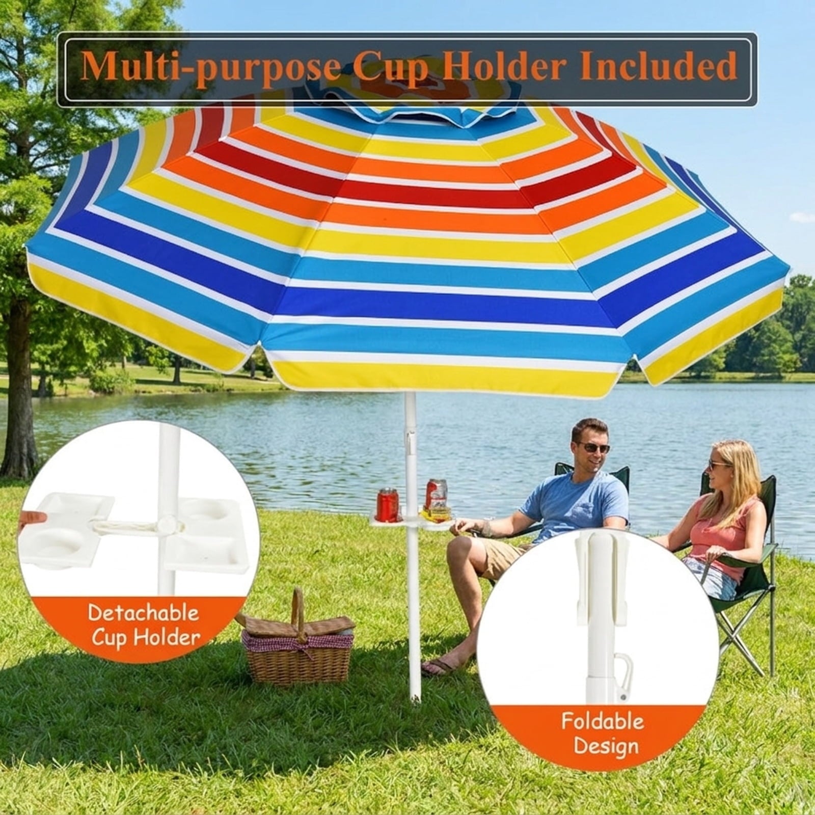 Biotree 7.2 ft Portable Beach Umbrella with Carrying Bag, 8 Ribs, Sand Tilt Mechanism - Multicolor for Backyard