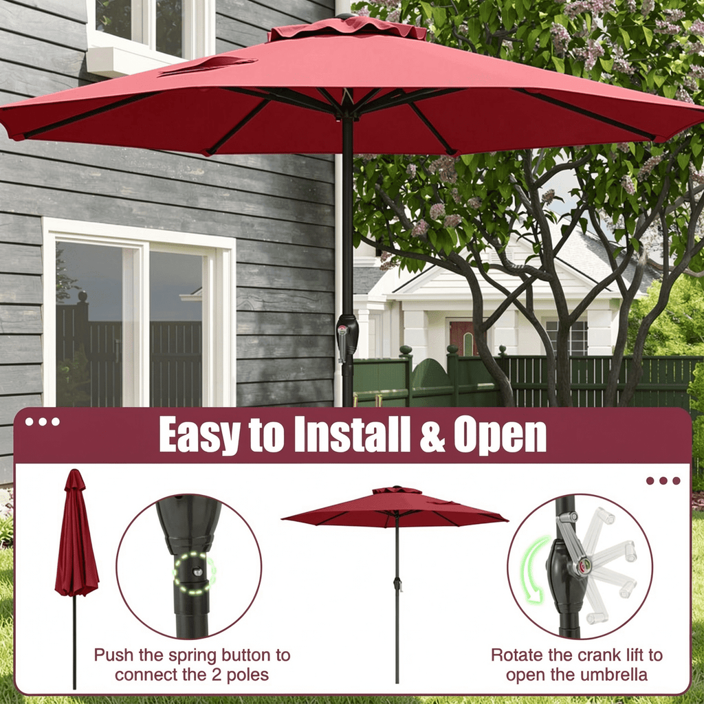 Biotree Outdoor Heavy Duty Market Umbrella with Crank Handle and 8 Sturdy Ribs-Red Walnut - Outdoor Patio Garden Sun Shade