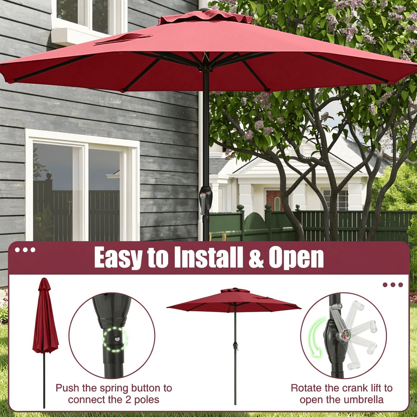 Biotree Outdoor Heavy Duty Market Umbrella with Crank Handle and 8 Sturdy Ribs-Red Walnut - Outdoor Patio Garden Sun Shade