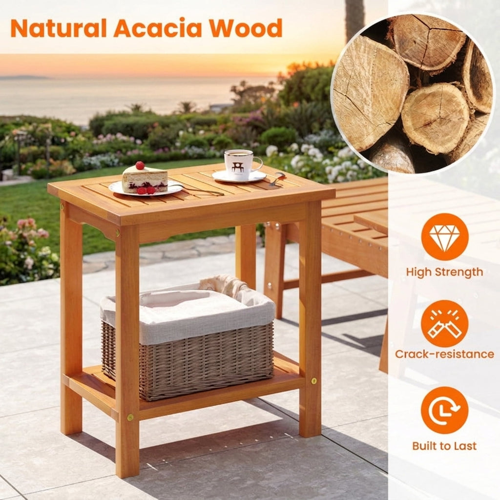 Biotree 2-Tier Outdoor Acacia Wood Side Table with Slatted Tabletop and Storage Shelf, Natural