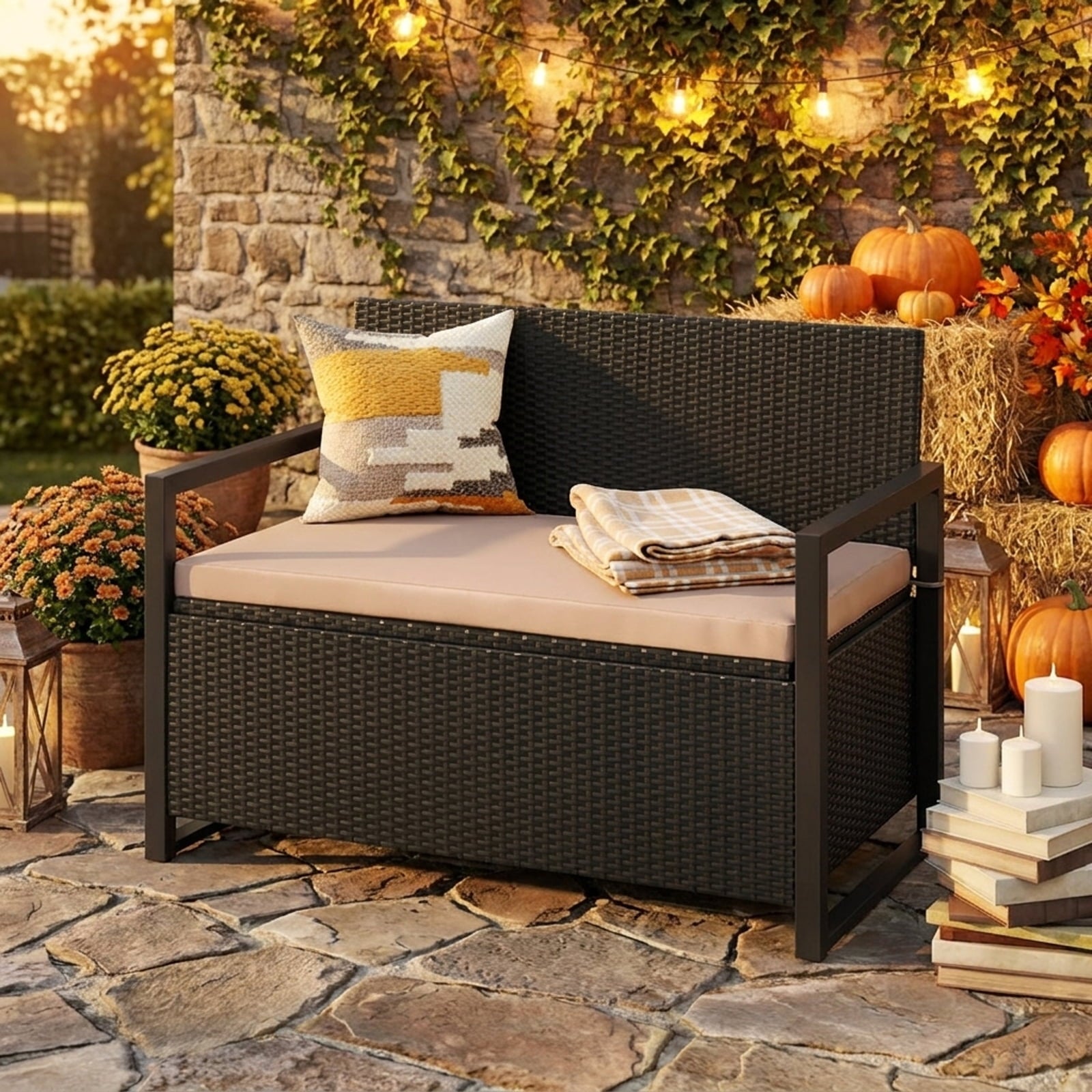 Biotree Patio Storage Bench Outdoor Wicker Loveseat with Built-in 40-Gallon Weatherproof Storage and Cushion , Brown