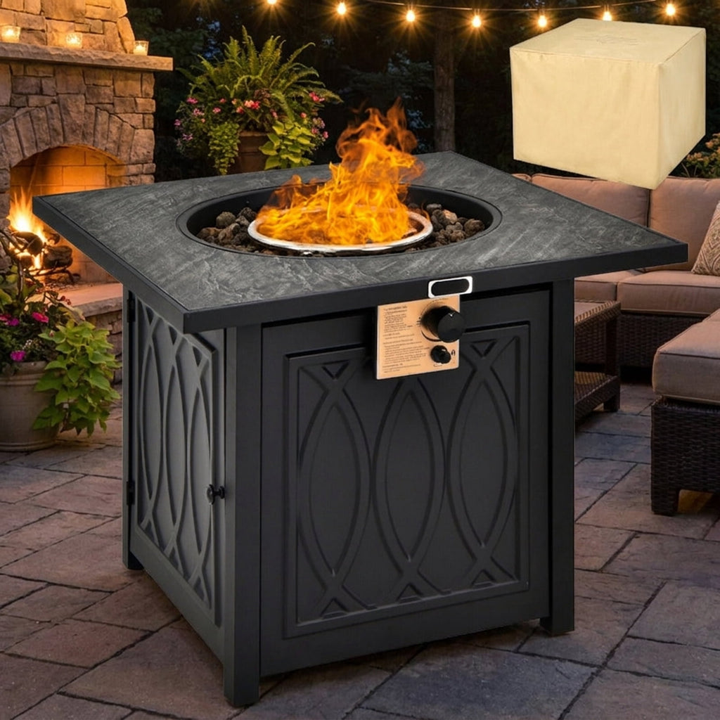 Biotree 32 Inch Propane Fire Pit Table Square Tabletop with Lava Rocks Cover 50000 BTU for Outdoor Patio Backyard Garden Camping, Black