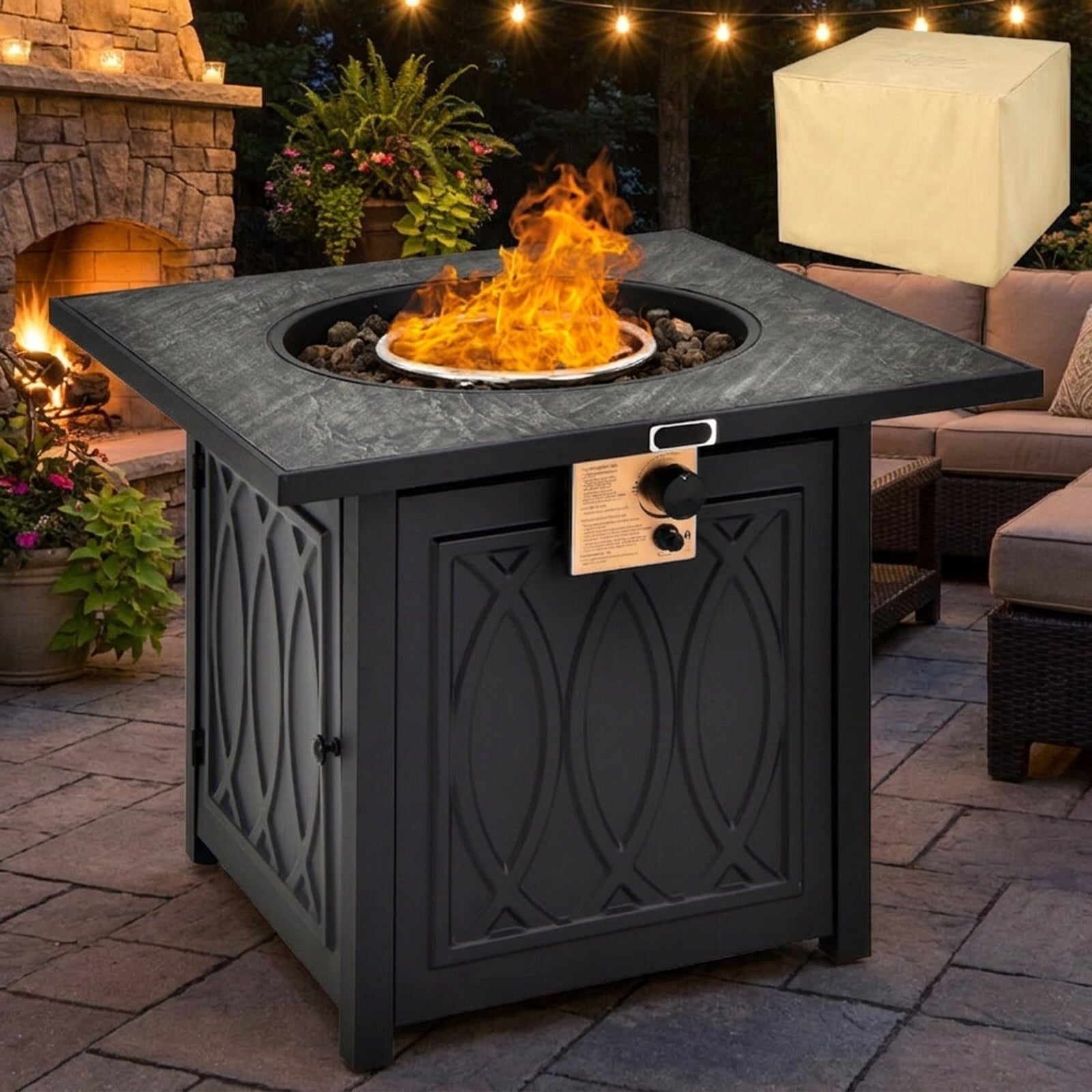 Biotree 32 Inch Propane Fire Pit Table Square Tabletop with Lava Rocks Cover 50000 BTU for Outdoor Patio Backyard Garden Camping, Black