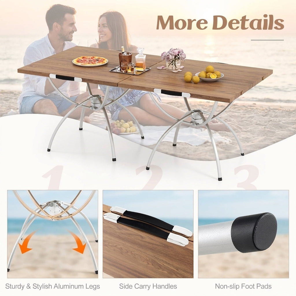 Biotree 2 Pack Folding Camping Table with Wood-Grain Tabletop Portable Lightweight Outdoor Table for Hiking Party, Natural