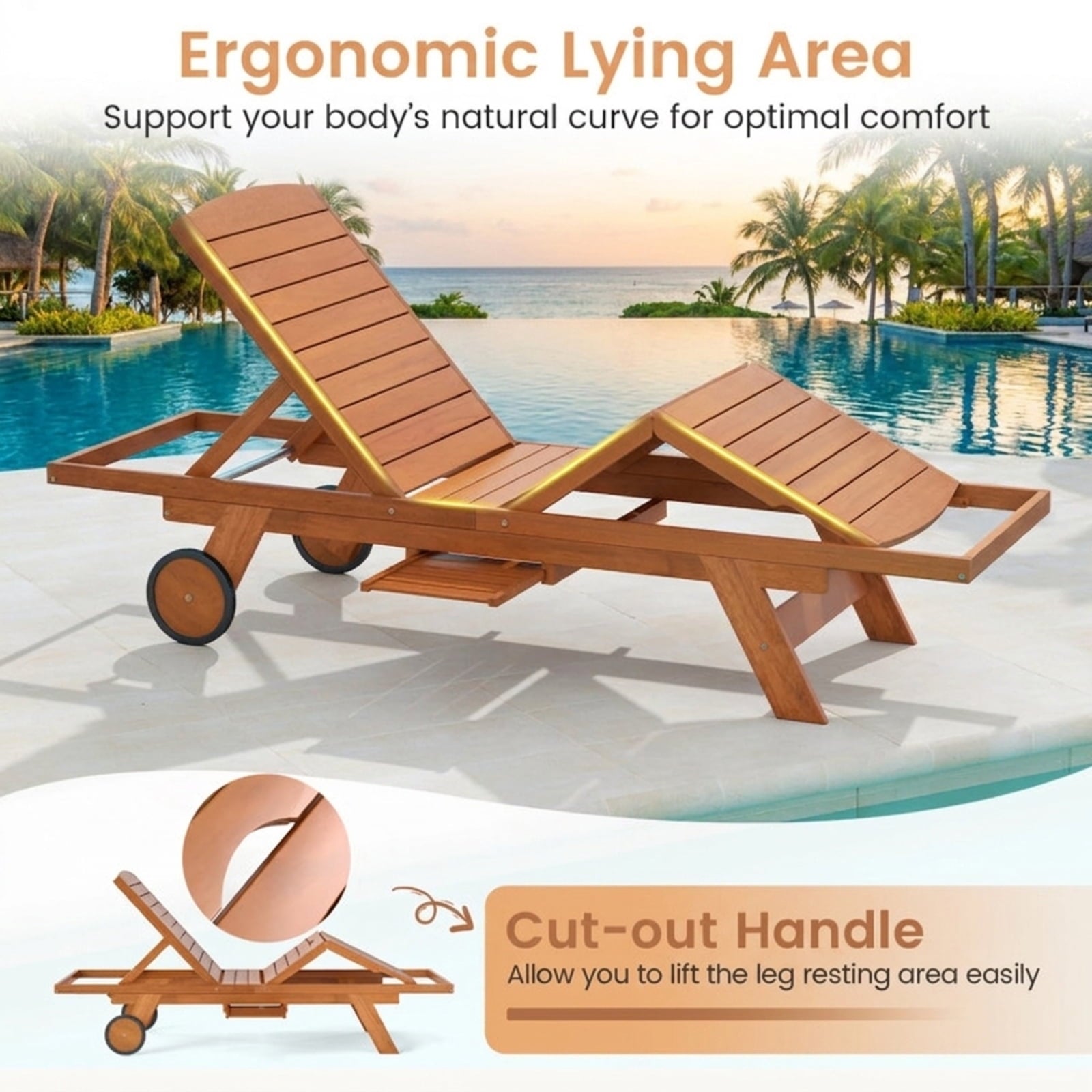 Biotree Outdoor Chaise Lounge Chair with Wheels 4-Position Patio Wood Recliner with Adjustable BackrestNatural