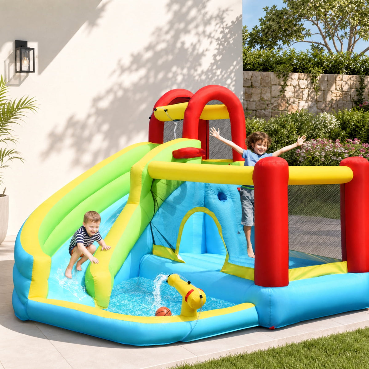 Biotree 6-in-1 Inflatable Bounce House with Water Slide, Climbing Wall, Splash Pool and Basketball Hoop for Backyard, Multicolor