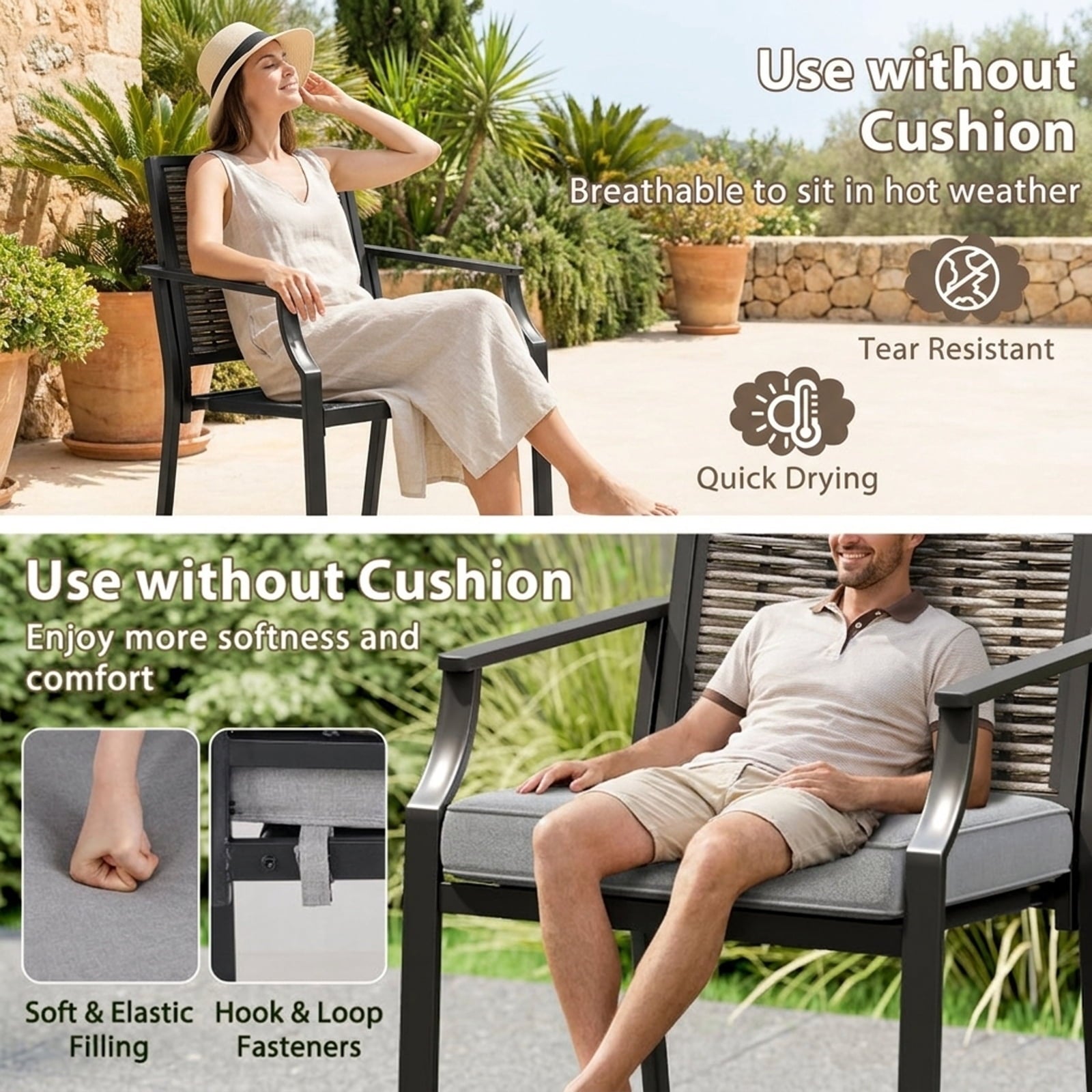Biotree Set of 2 Patio Bar Stools 24-Inch Counter Height Wicker Bar Chairs with Cushions and Armrests, Grey
