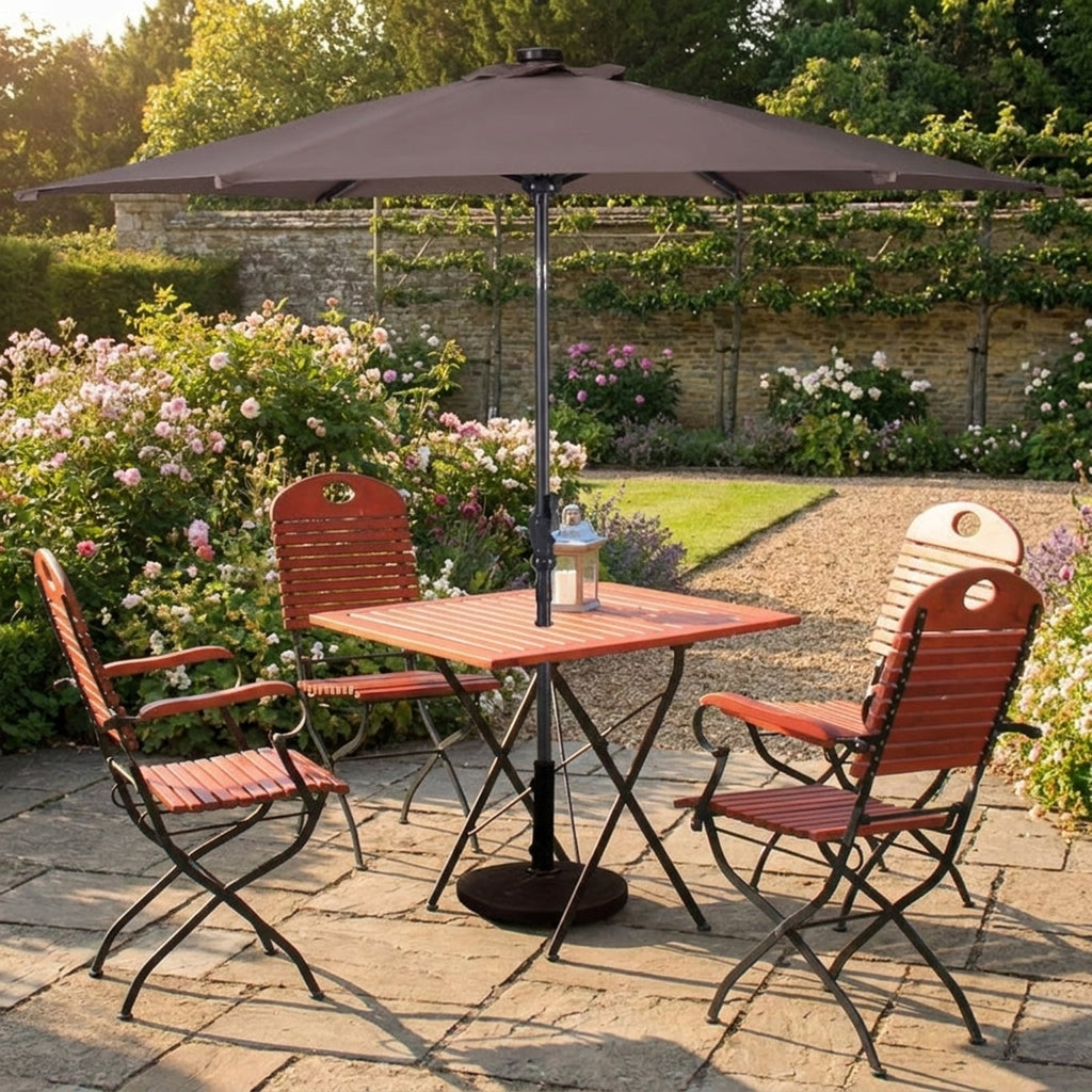 Biotree 9 ft Solar LED Market Patio Umbrella with Crank and Tilt, 6 Sturdy Ribs, Vented Canopy - Tan