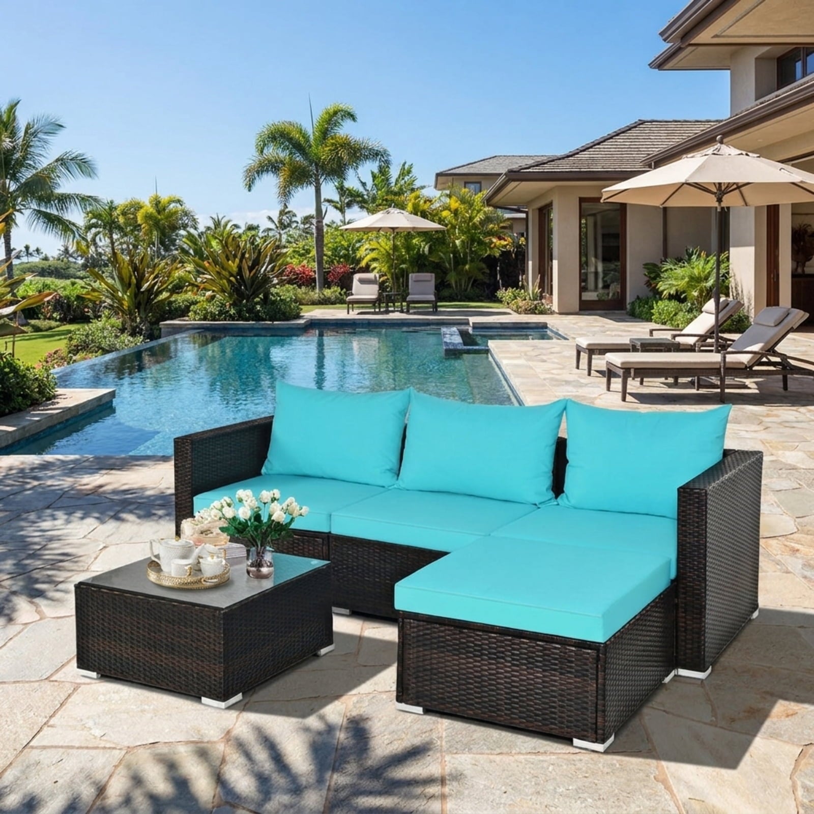 Biotree 5 Pieces Patio Rattan Furniture Set with Coffee Table Outdoor Conversation Set for Garden Backyard PorchTurquoise