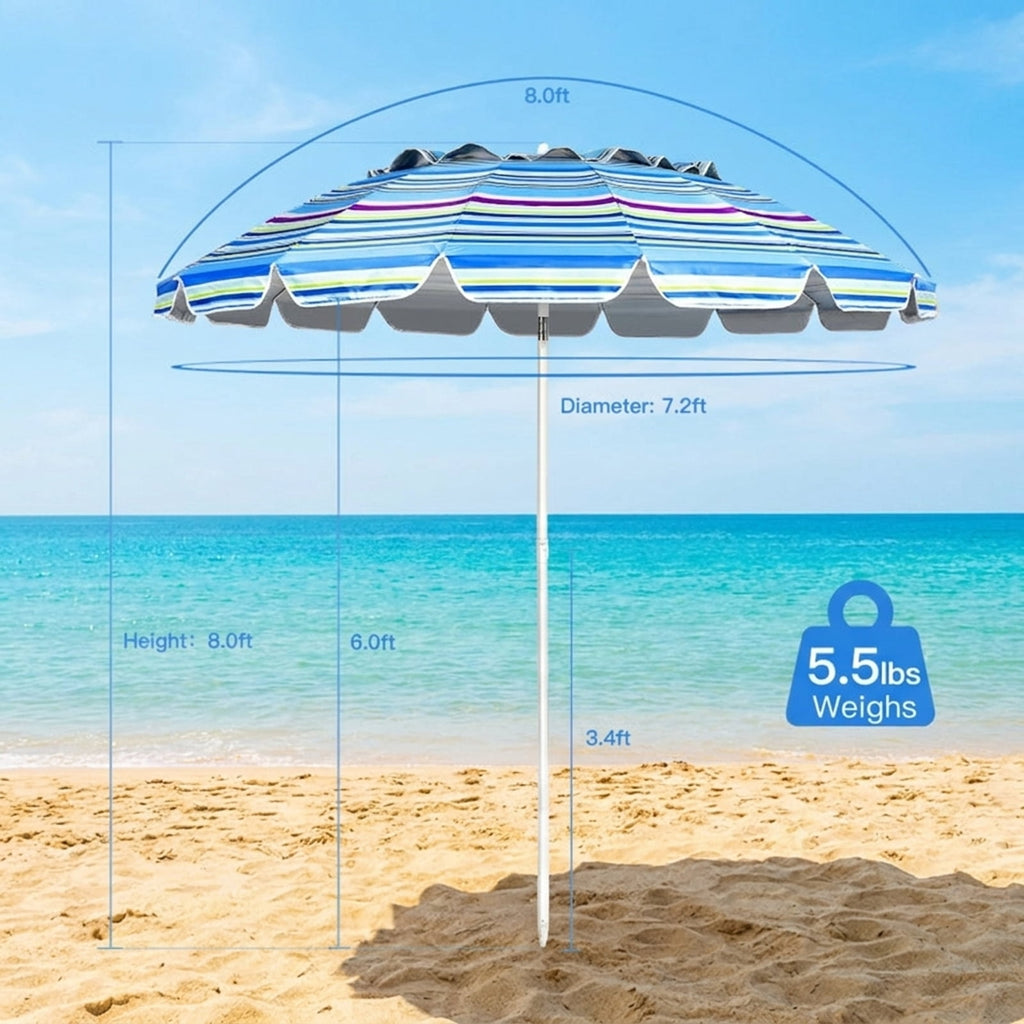 Biotree 8.0 ft Portable Beach Umbrella with Carrying Bag, 16 Ribs, Sand Tilt Mechanism - Blue for Backyard