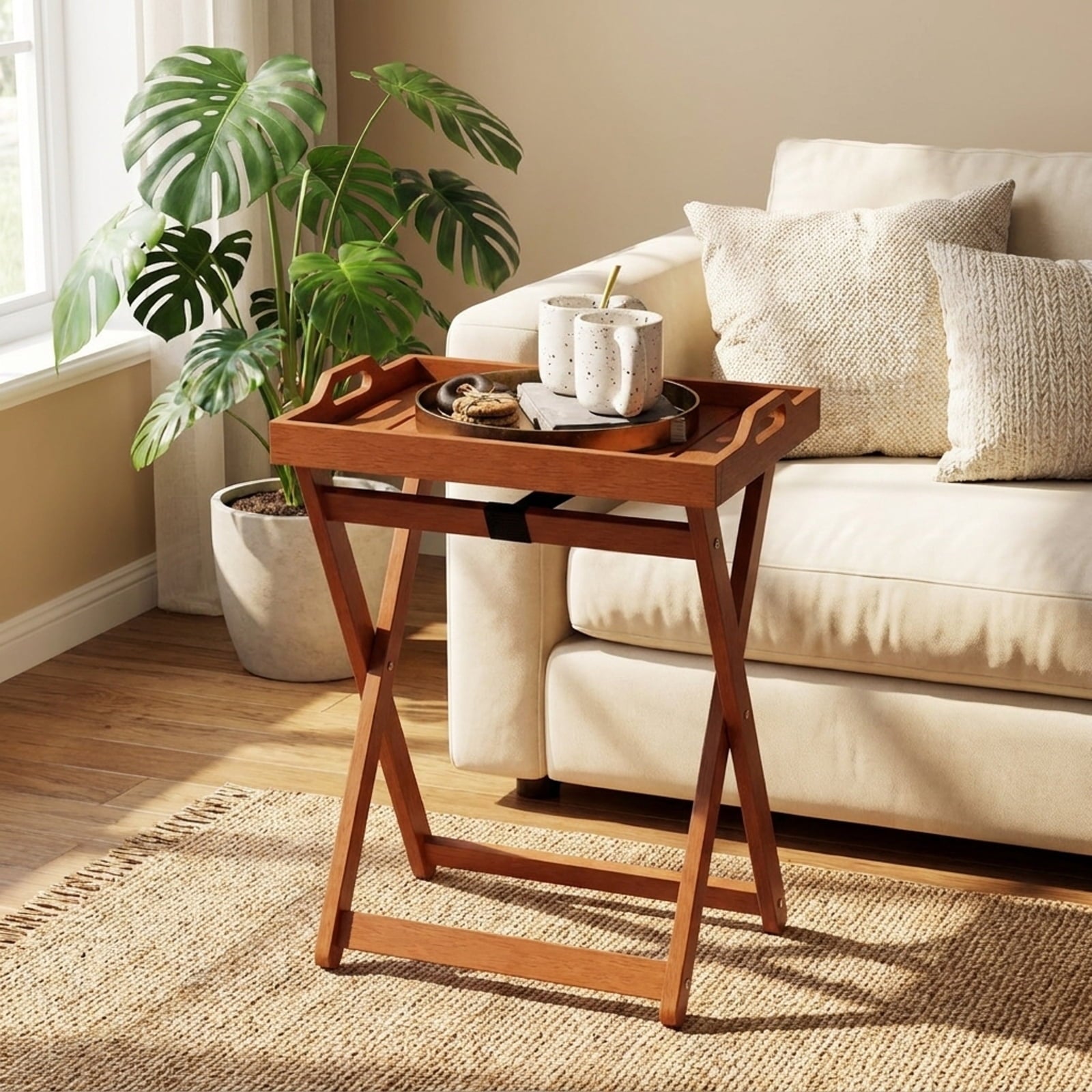 Biotree Outdoor Wood Tray Table Portable Side End Table with Folding Frame, Natural