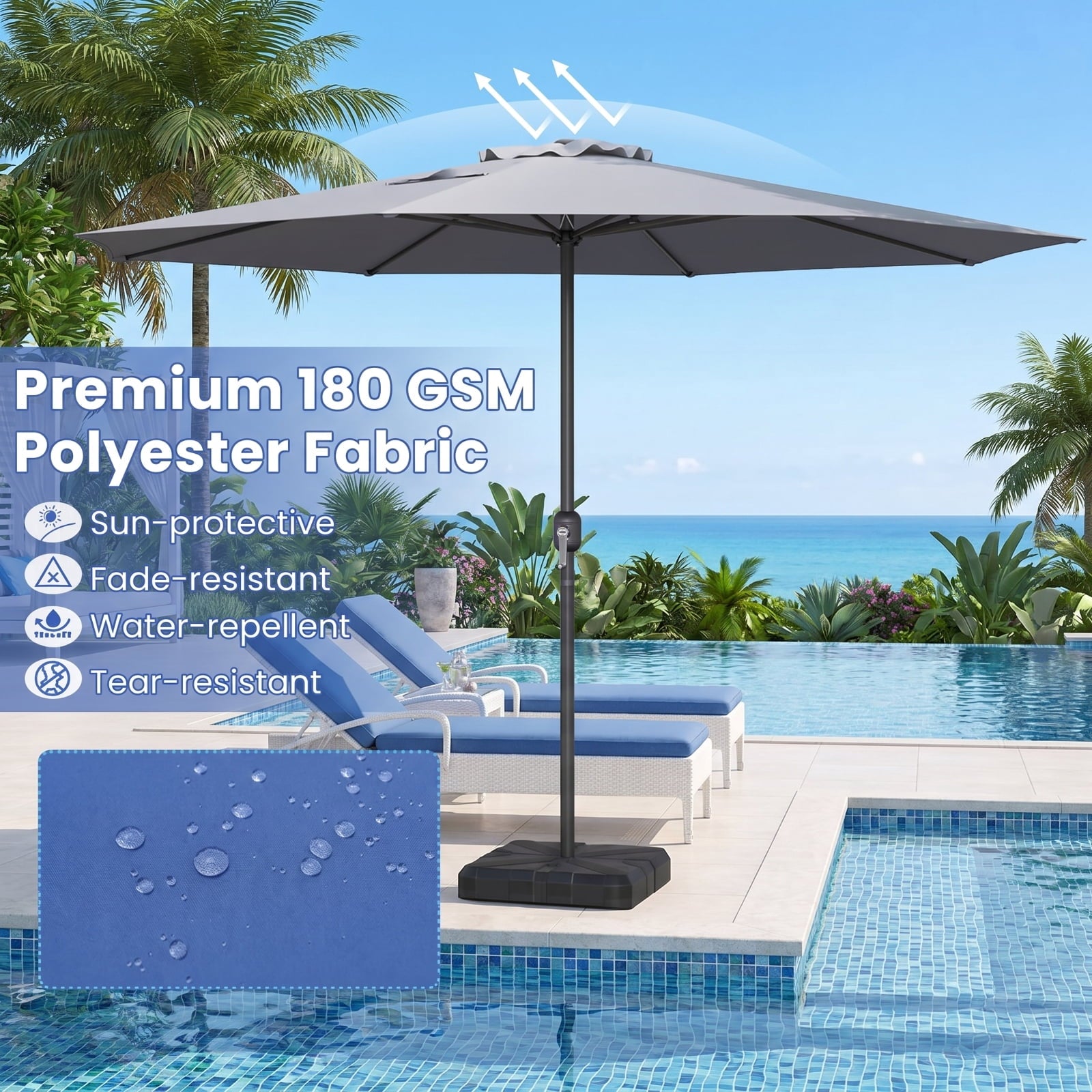 Biotree 12 ft Market Patio Umbrella with Crank and Tilt, 8 Sturdy Ribs, Vented Canopy - Gray for Backyard
