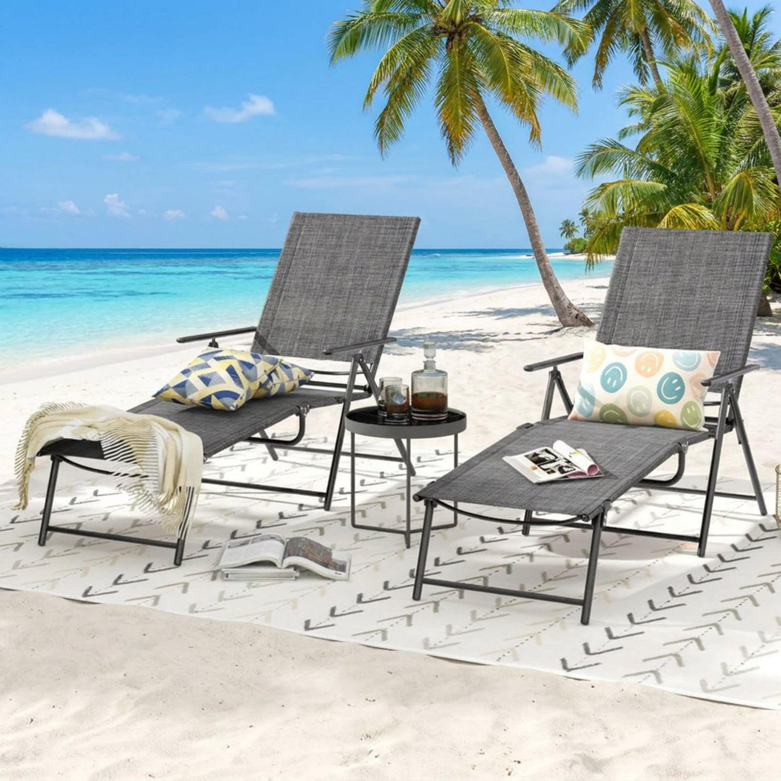 Biotree 2 Piece Patio Folding Chaise Lounge Chairs Recliner with 6-Level Backrest Stackable Patio Chair for Garden BackyardGray