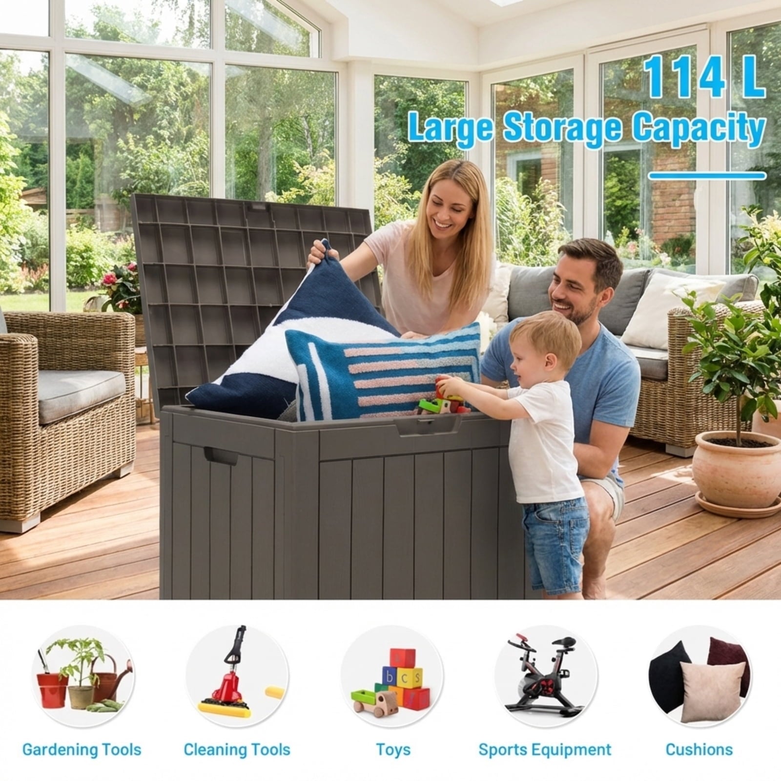 Biotree 30 Gallon Deck Box Storage Container Outdoor Patio Bench with Lid for Seating Tools Pool, Weatherproof PP Storage Box for Garden Backyard Deck Porch, Light Brown