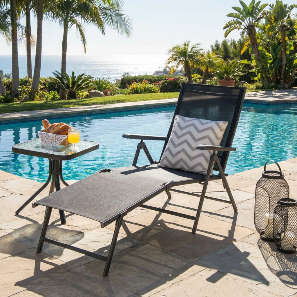 Biotree 2 Pieces Foldable Chaise Lounge Chair with 2-Position Footrest Stackable Patio Chair for Garden BackyardBlack