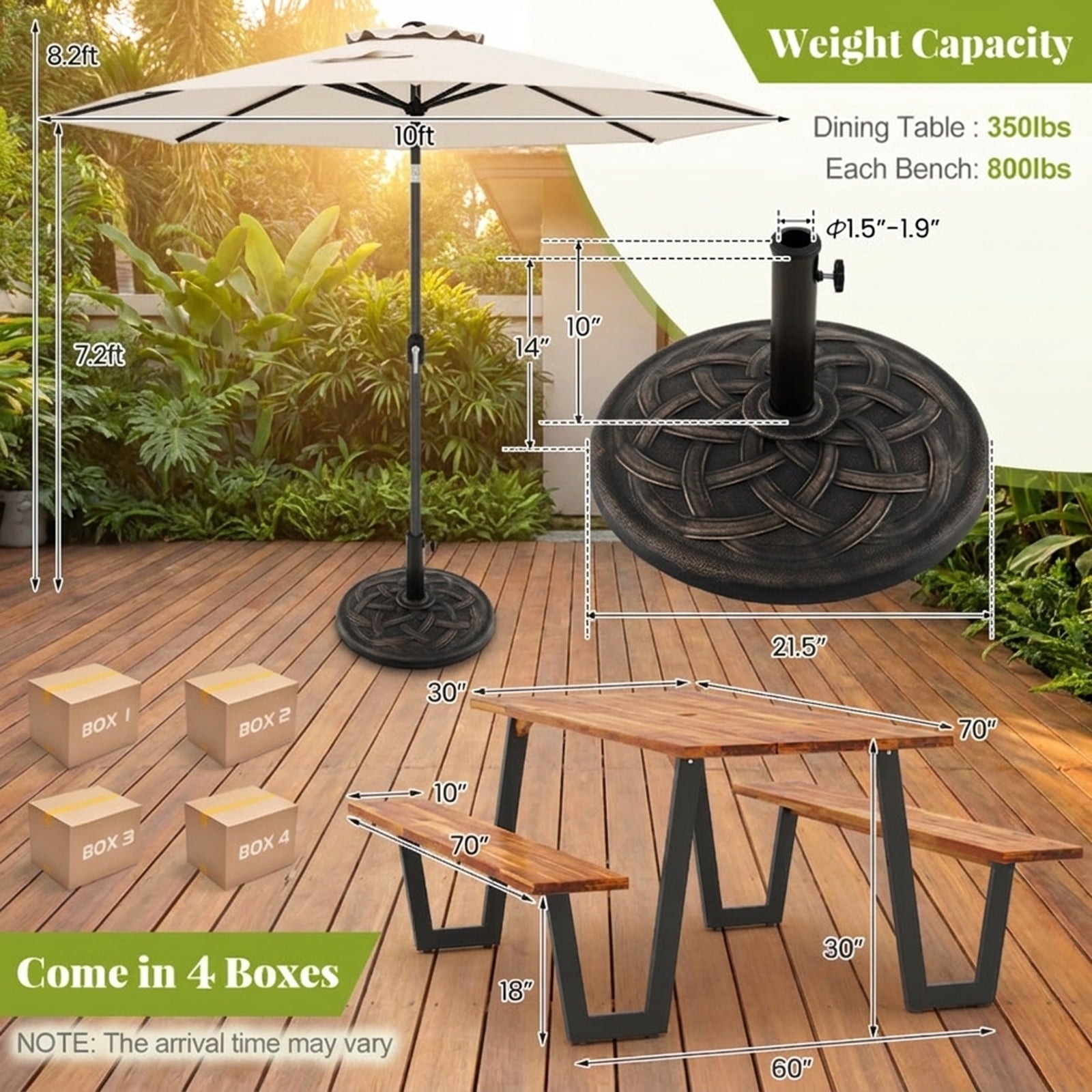Biotree Outdoor Dining Table Set for 6 with 10 Feet Umbrella and Base, Black