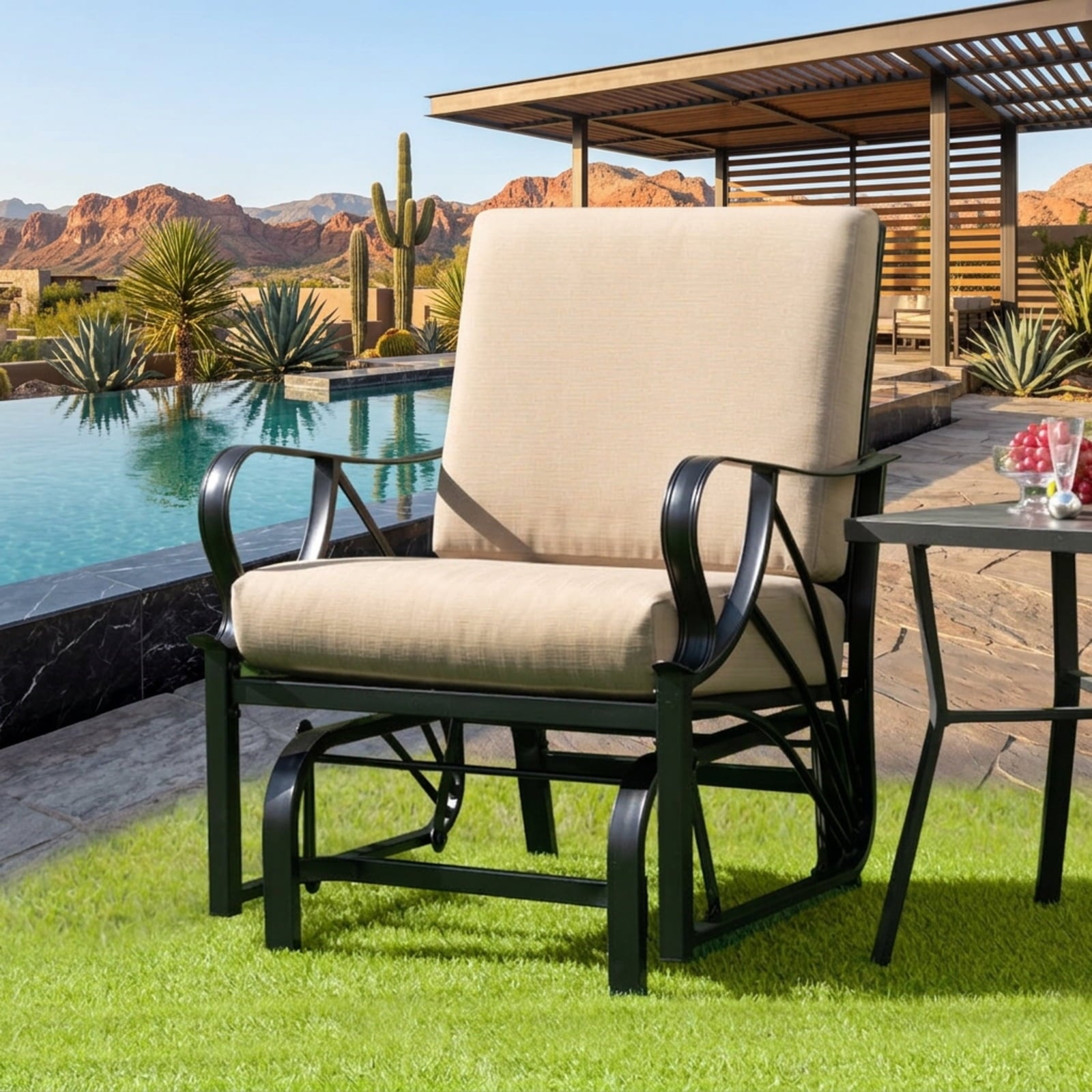 Biotree Patio Glider Rocking Chair with Thick Cushion and Curved Armrest Stackable Patio Chair for Garden BackyardTan