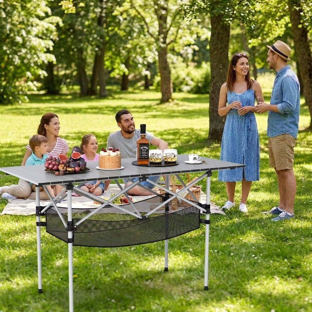 Biotree Patio Folding Camping Table with Roll up Tabletop and Mesh Basket, Silver