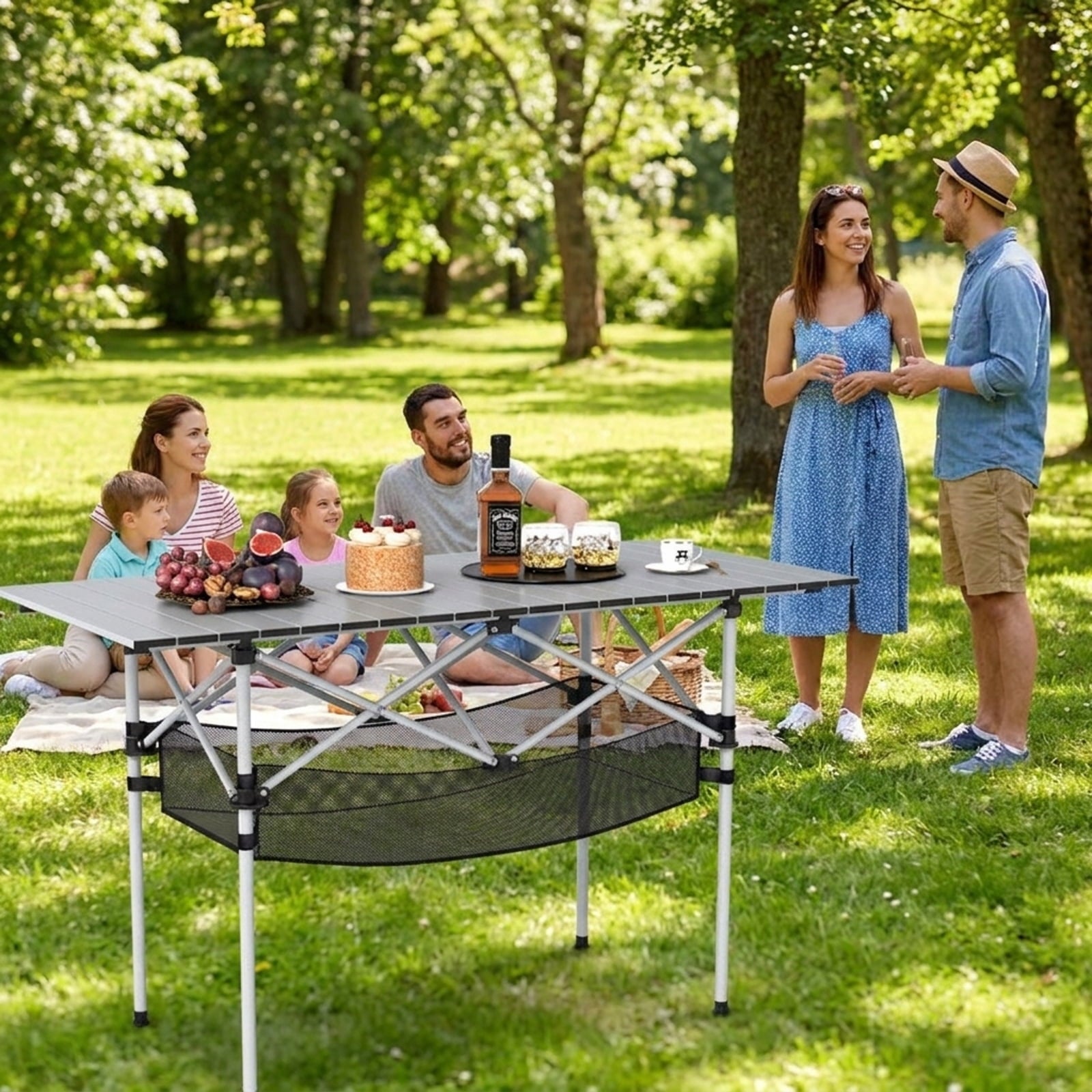 Biotree Patio Folding Camping Table with Roll up Tabletop and Mesh Basket, Silver