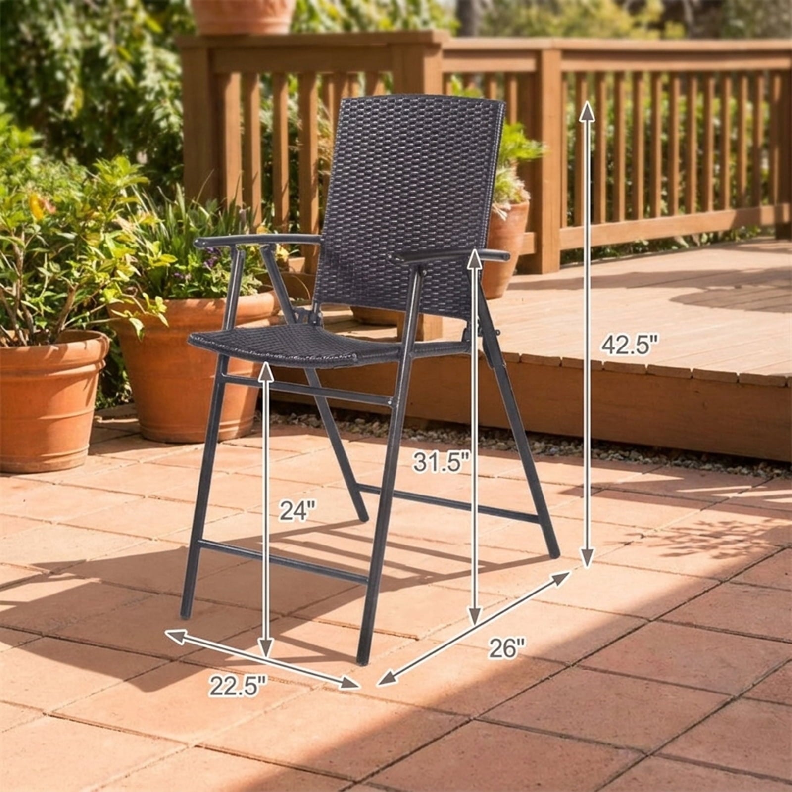 Biotree Set of 4 Folding Bar Chairs PE Wicker Outdoor Indoor Folding Bar Stools with Footrests and Armrests, Brown