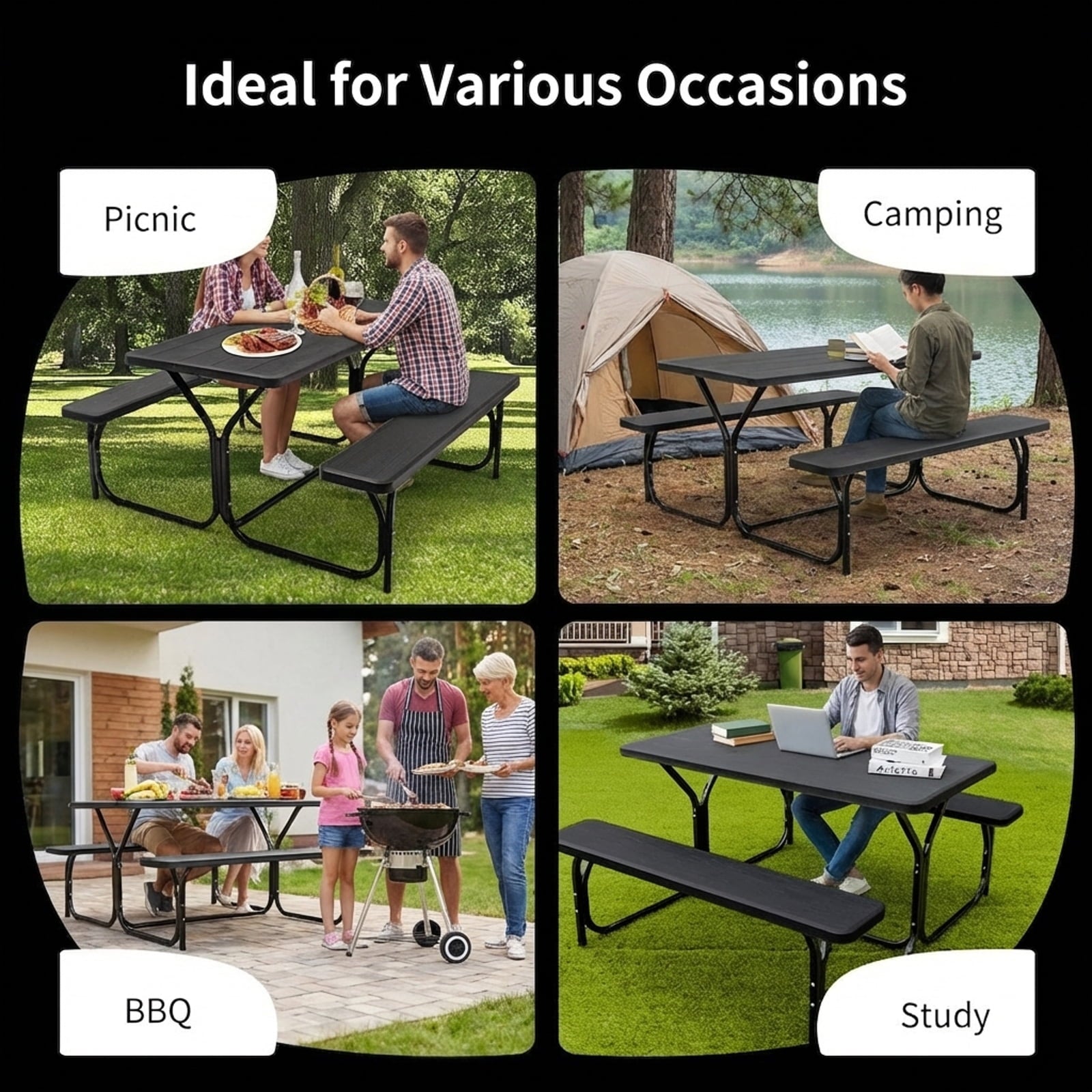 Biotree HDPE Outdoor Picnic Table and Bench Set-Black