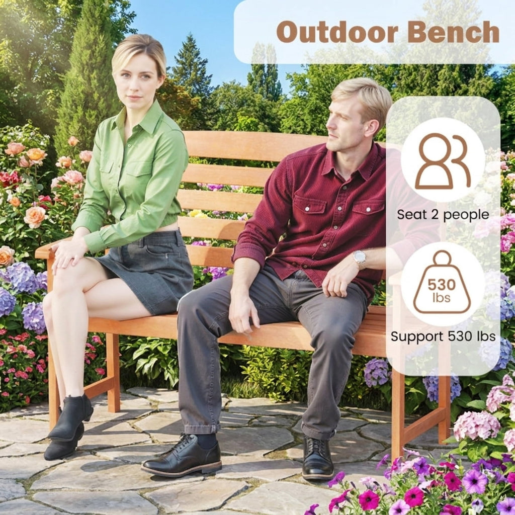 Biotree 2-Person Wooden Garden Bench with Slatted Backrest and Comfortable Armrests Stackable Patio Chair for Garden BackyardNatural