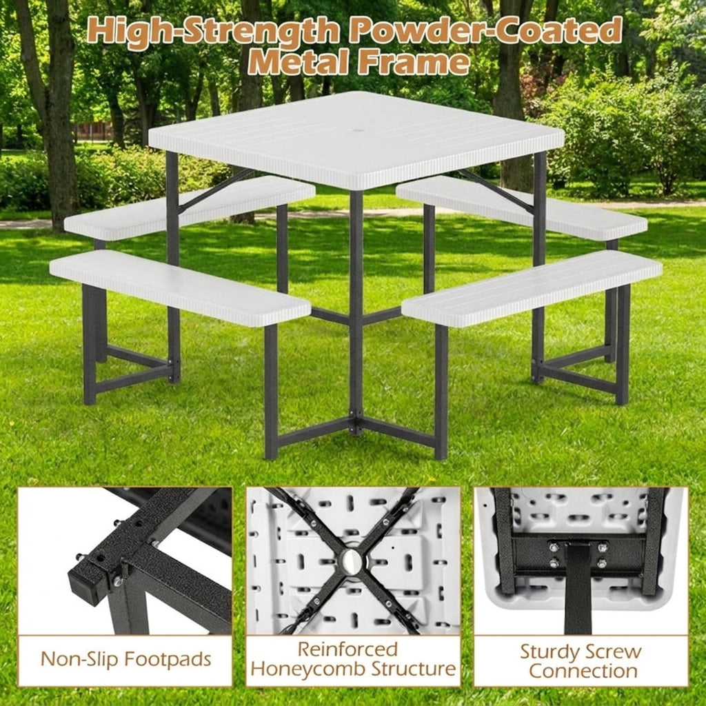 Biotree 63-Inch Outdoor Square Picnic Table Bench Set for 4-8 People with Umbrella Hole, White