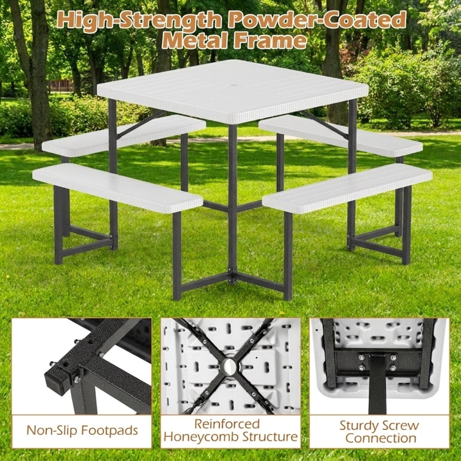 Biotree 63-Inch Outdoor Square Picnic Table Bench Set for 4-8 People with Umbrella Hole, White