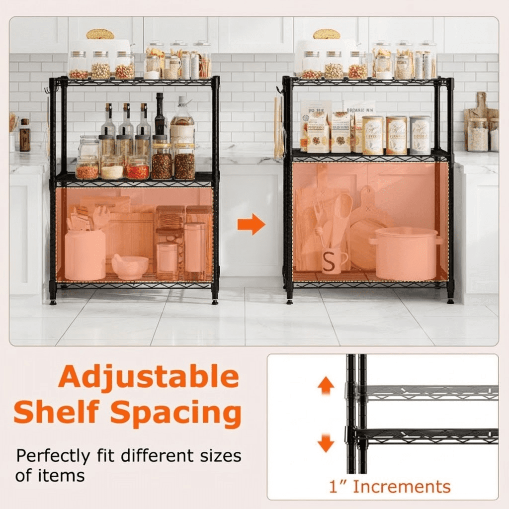 Biotree 3-Tier Metal Storage Shelving Unit with V-Shaped Wire Rack, 450 LBS Capacity Garage Storage Shelves Utility Rack for Kitchen Pantry Basement Office, Black