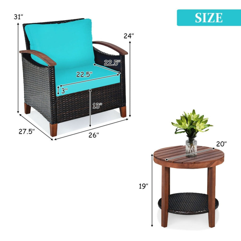 Biotree 3 Pieces Patio Rattan Furniture Set with Washable Cushion and Acacia Wood TabletopTurquoise